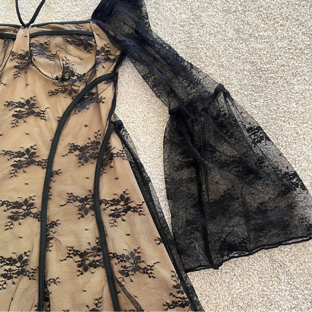 Whimsygoth Black Lace Overlay Fitted Mini Dress with Lace Bell Sleeves NWT - Picture 6 of 10